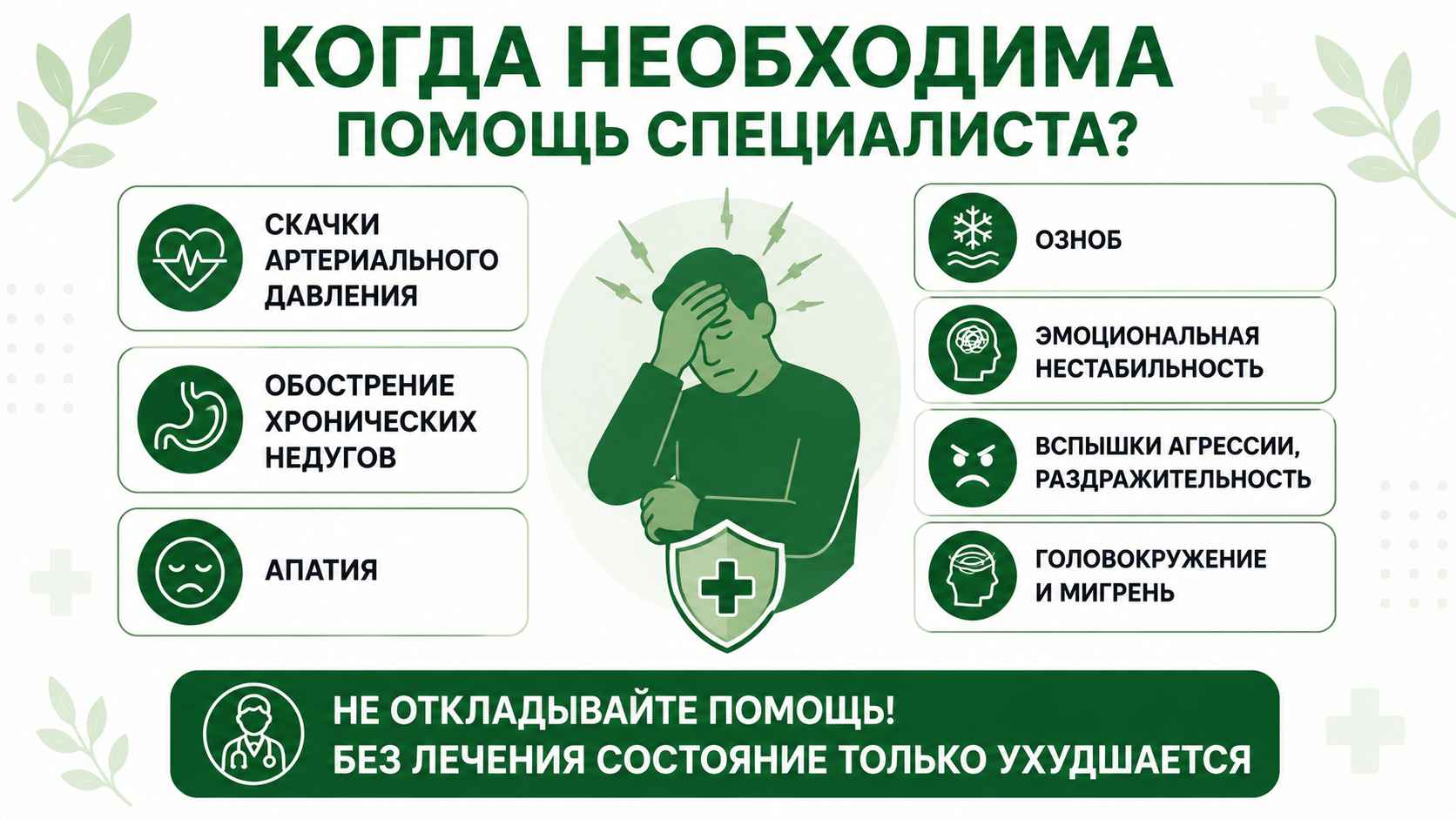 Схематичная инфографика с основными симптомами ломки, при которых необходима помощь специалиста: скачки артериального давления, обострение хронических заболеваний, апатия, озноб, эмоциональная нестабильность, вспышки агрессии, головокружение и мигрень.