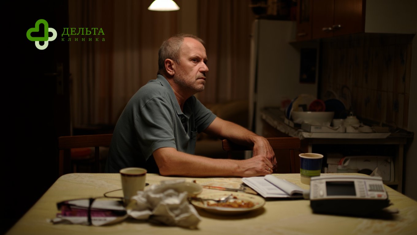 Мужчина за кухонным столом — замкнутость и постепенный уход от привычной жизни